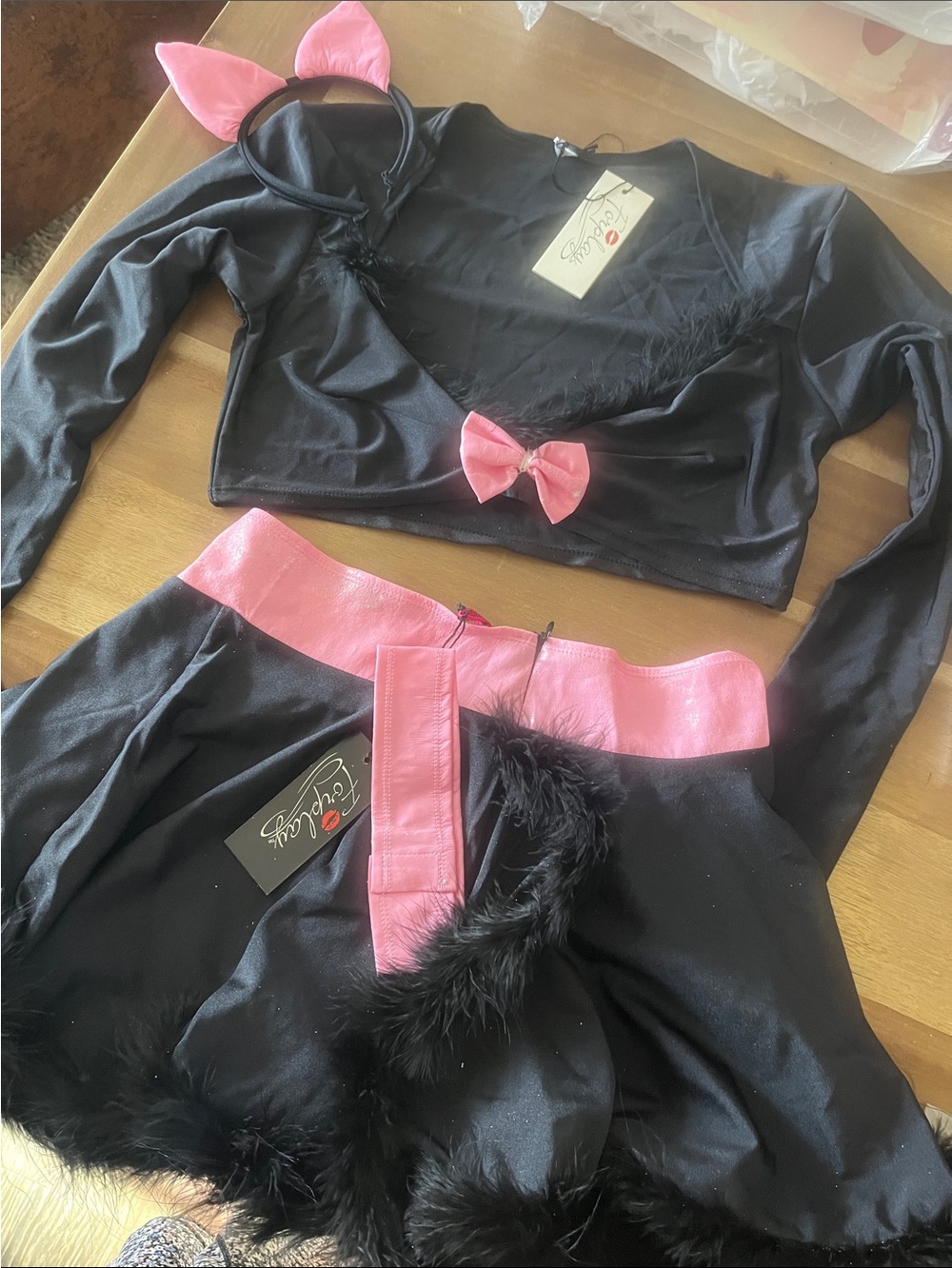 Forplay Black and Pink Two-Piece Pajama Lingerie Set with Ear Headband